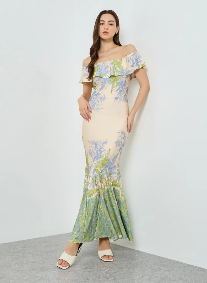 تايك تو فستان طويل بحافة ميرميد وطبعة أزهار مكشوف الأكتاف للنساء